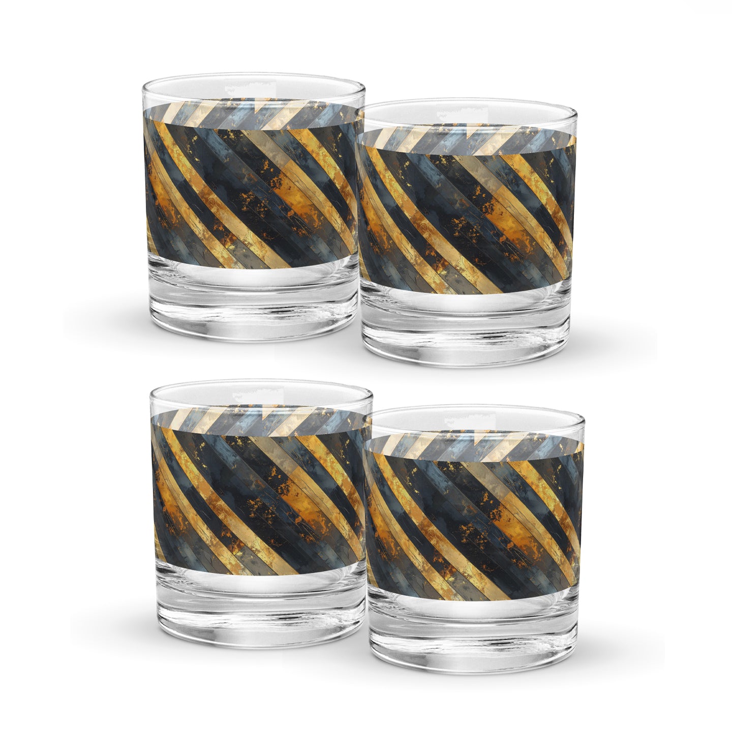Four rock glasses with black and gold striped design on a white background