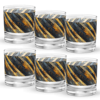 Set of six rock glasses with black and gold striped design on a white background