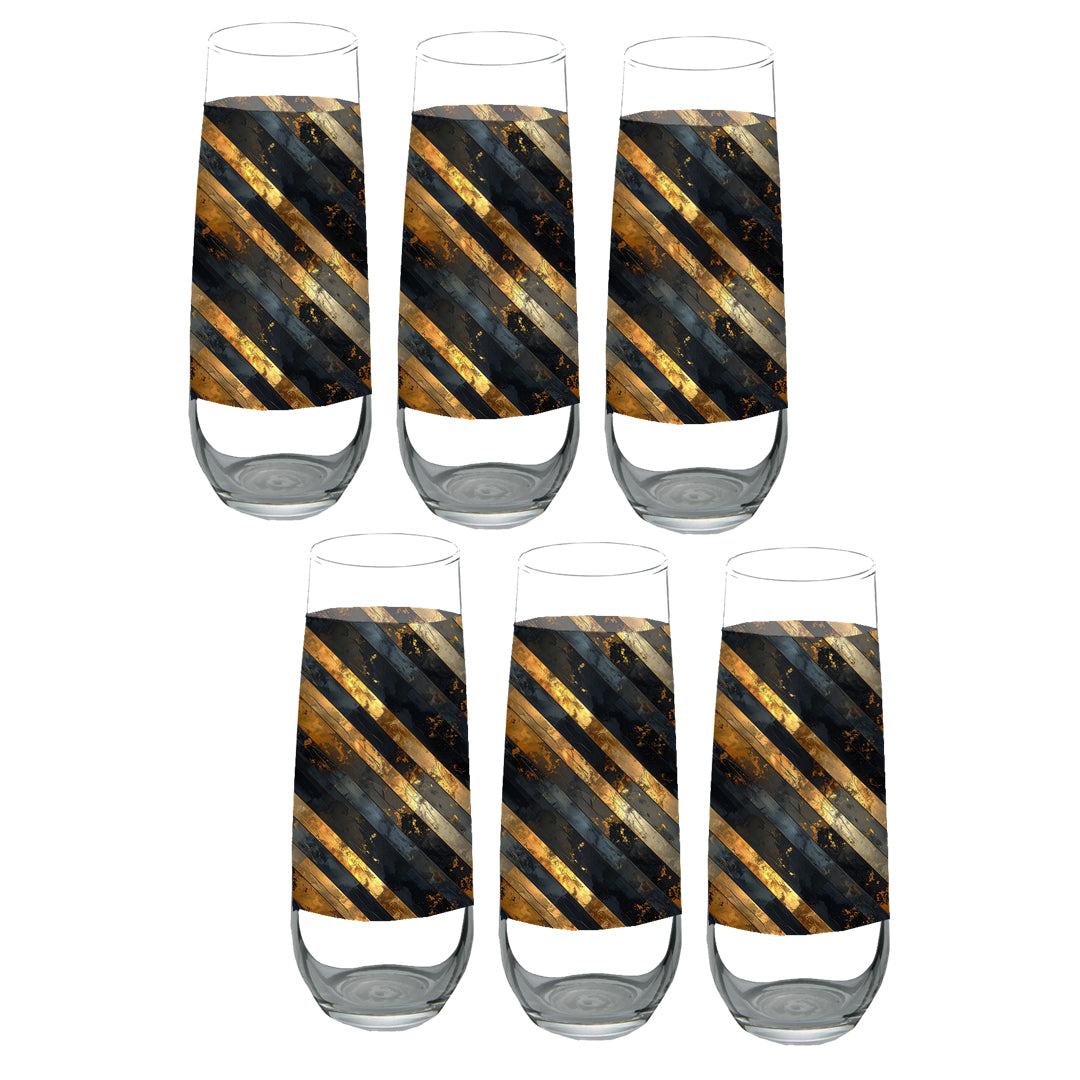 Set of six stemless flutes with black and gold striped design on a white background