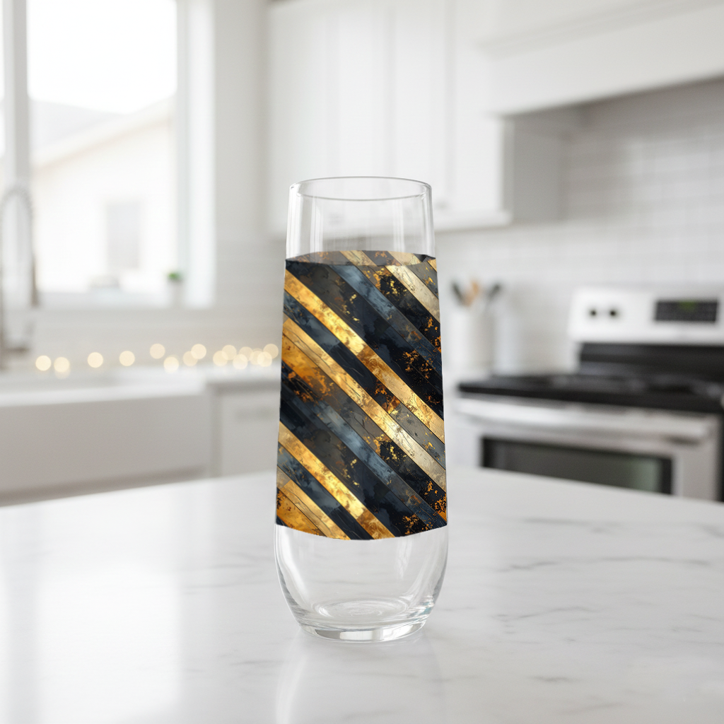 Obsidian Stripes stemless champagne glass with gold and black diagonal design on a kitchen counter