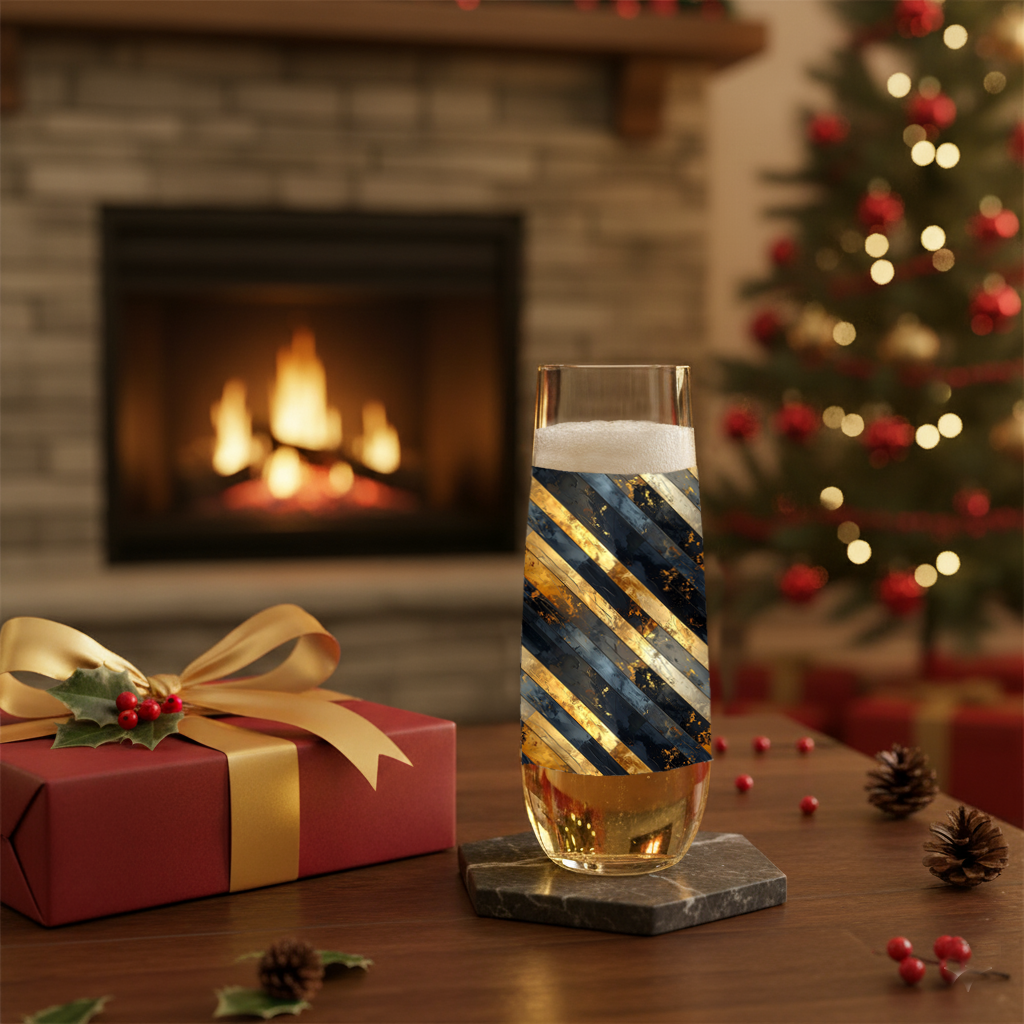 Obsidian Stripes stemless champagne glass with gold and black diagonal design on a table in front of a fireplace and Christmas tree.