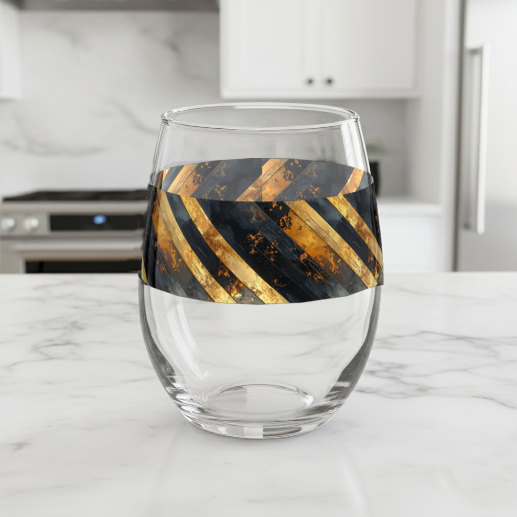 Obsidian Stripes stemless wine glass with a black and gold diagonal stripes sitting on a marble countertop