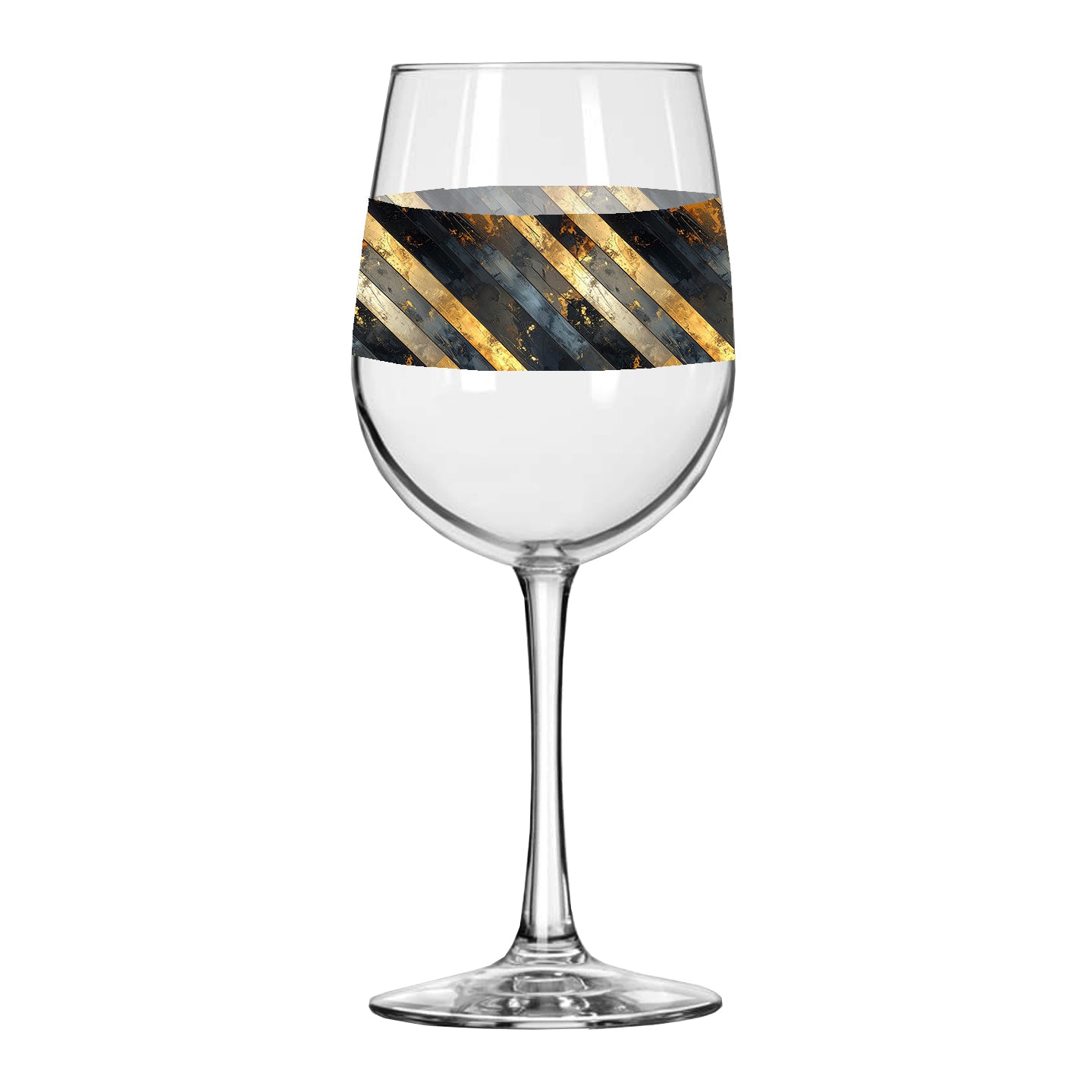 Wine glass with black and gold striped design on a white background
