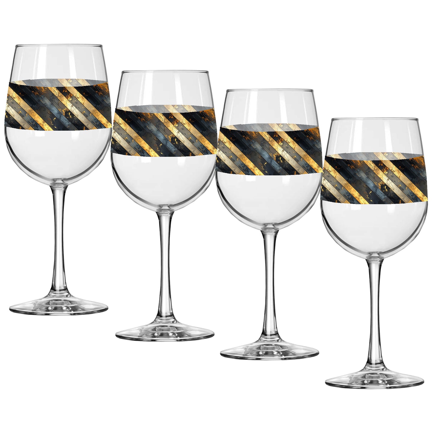 Four wine glasses with decorative black and gold stripes on a white background