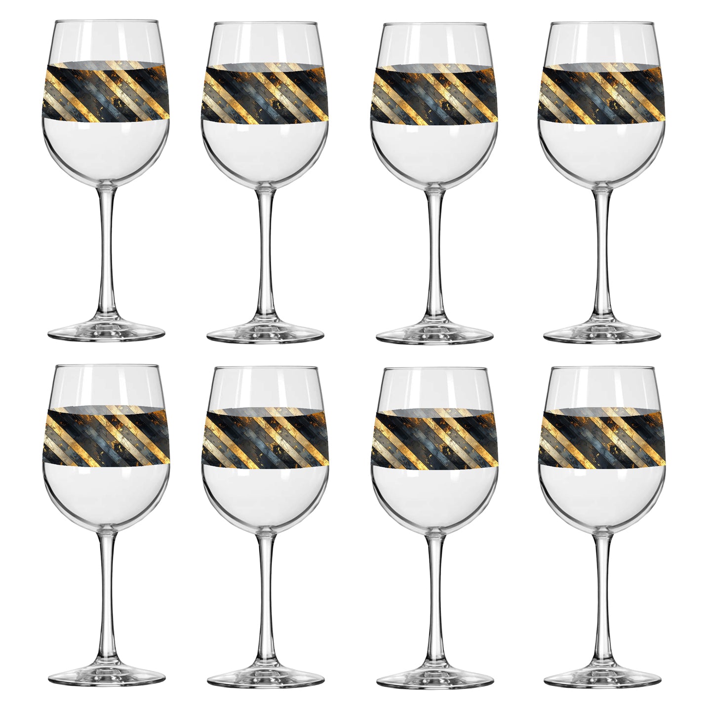 Set of eight wine glasses with black and gold striped designs on a white background