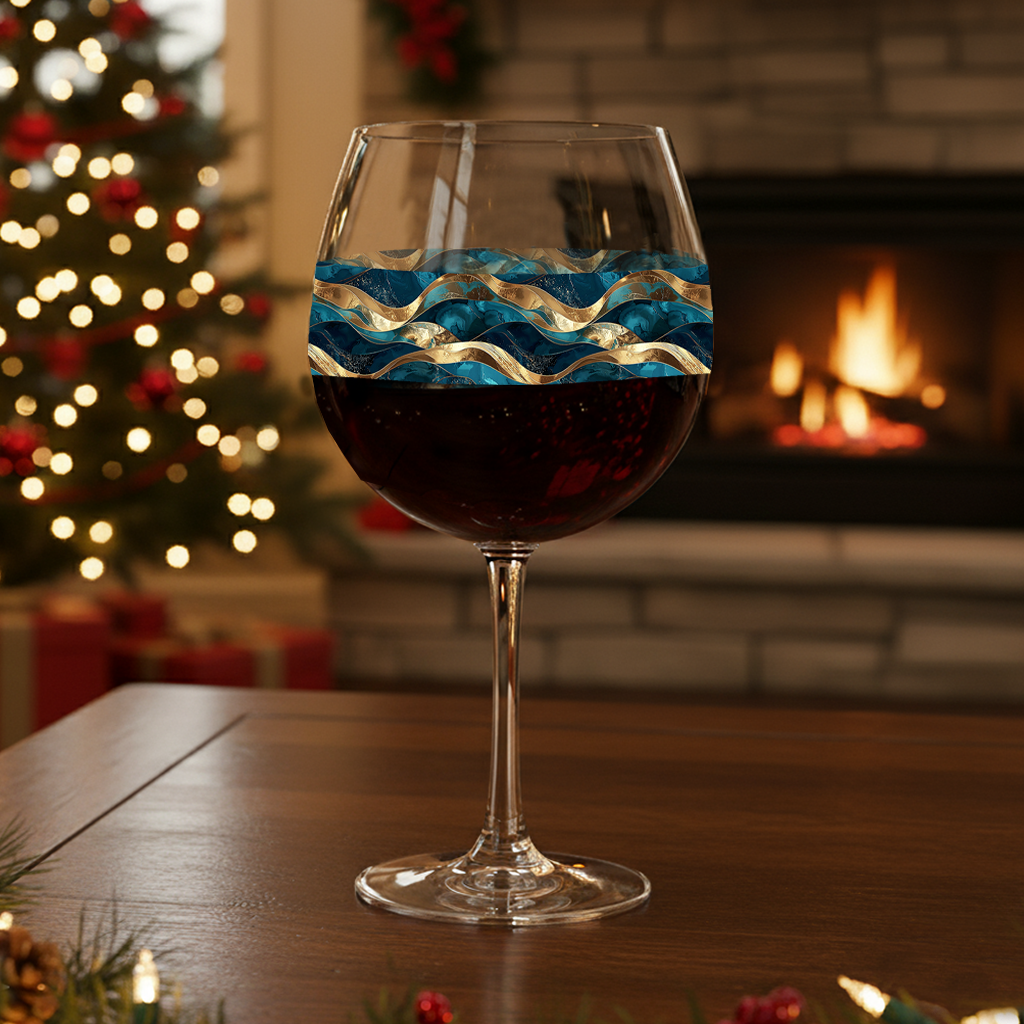 Opulent Teal balloon wine glass with teal and gold design on a wooden table with Christmas decorations in the background.