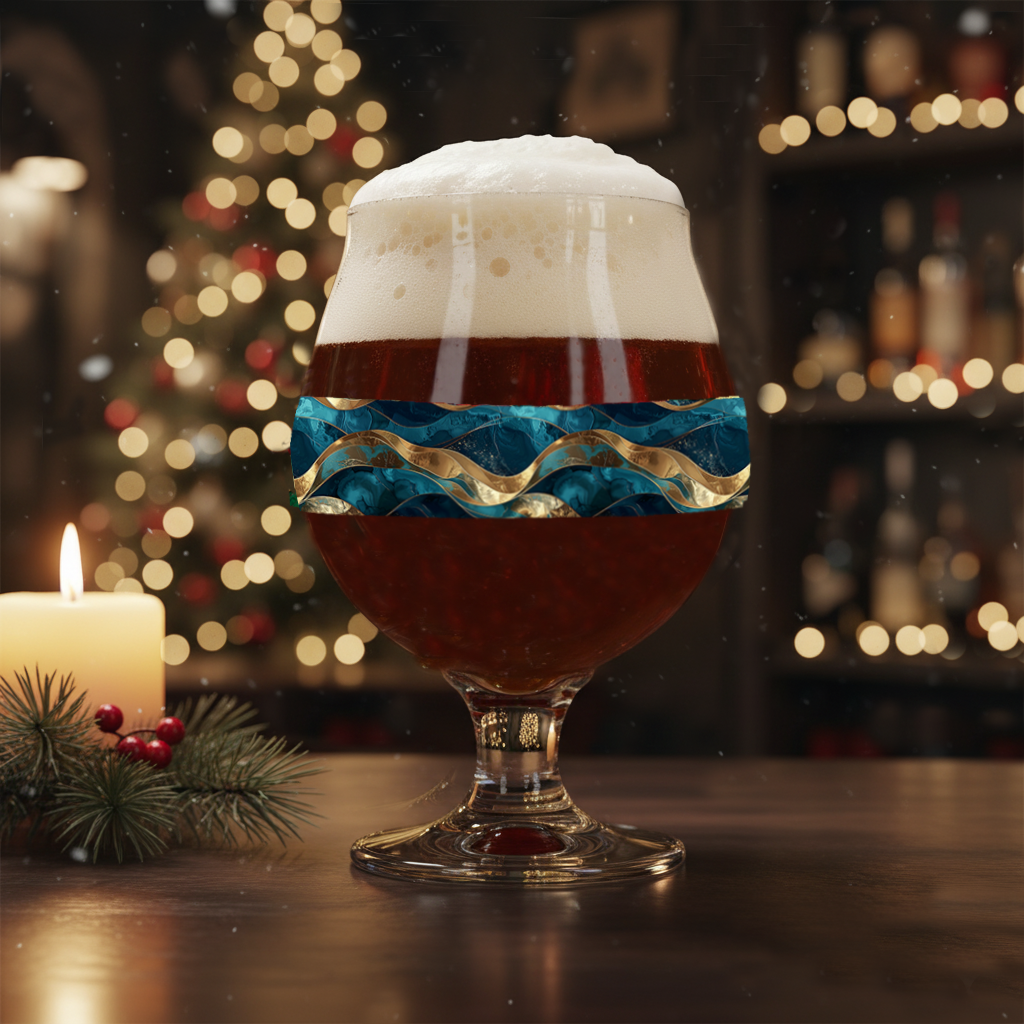 Opulent Teal Belgian glass of beer with a teal and gold wave design and a Christmas tree and candle in the background