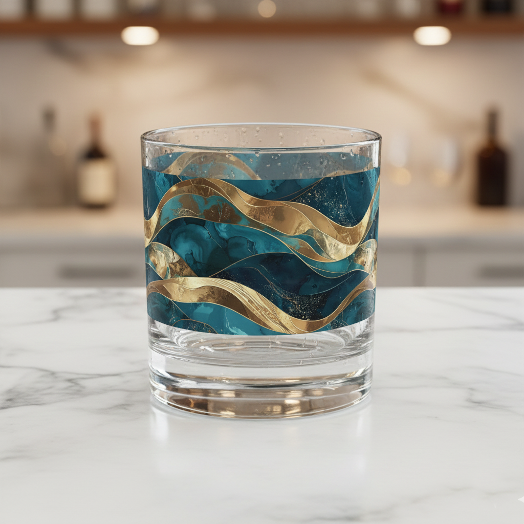 Opulent Teal rocks glass with teal and gold wave design on a marble surface with a blurred background.