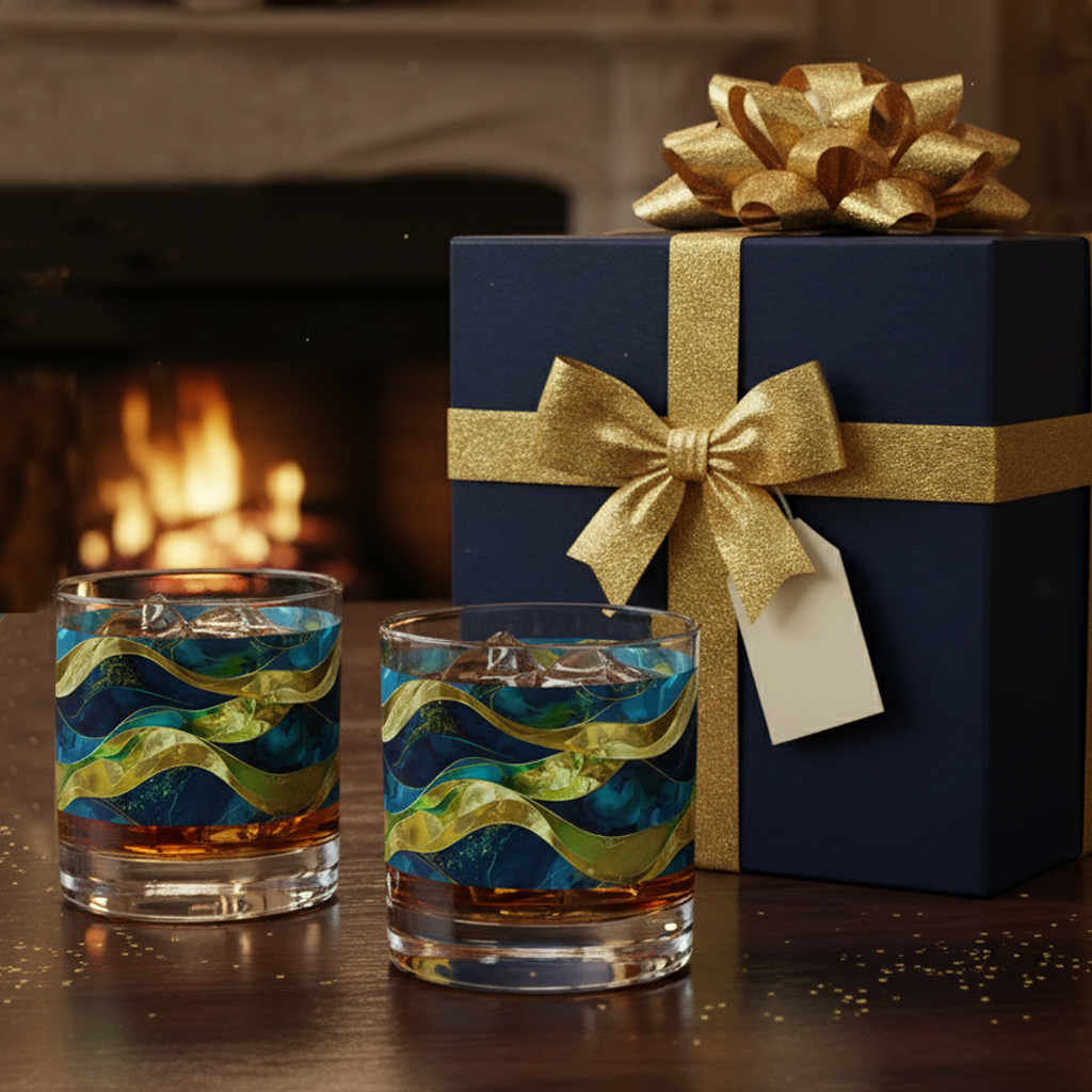 Two Opulent Teal whiskey glasses with decorative teal and gold wavy pattern next to a wrapped gift box in front of a fireplace.
