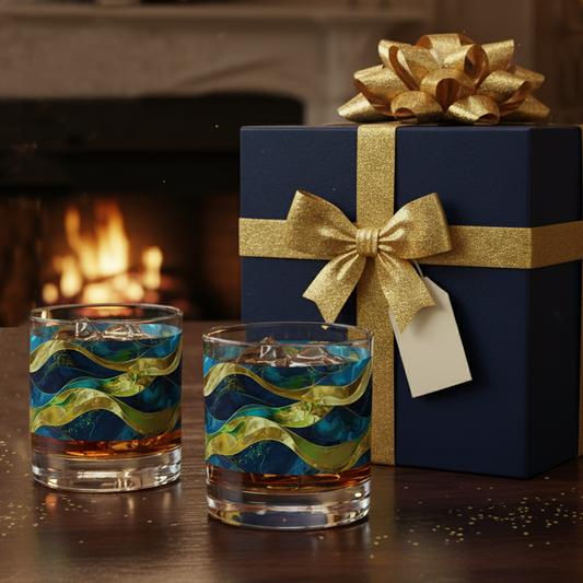 Two Opulent Teal whiskey glasses with decorative teal and gold wavy pattern next to a wrapped gift box in front of a fireplace.