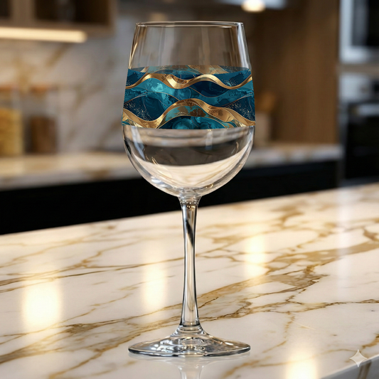 Opulent Teal wine glass with teal and gold design on a marble countertop