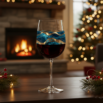 Opulent Teal wine glass with teal and gold design on a table in front of a fireplace and Christmas tree blurred background.