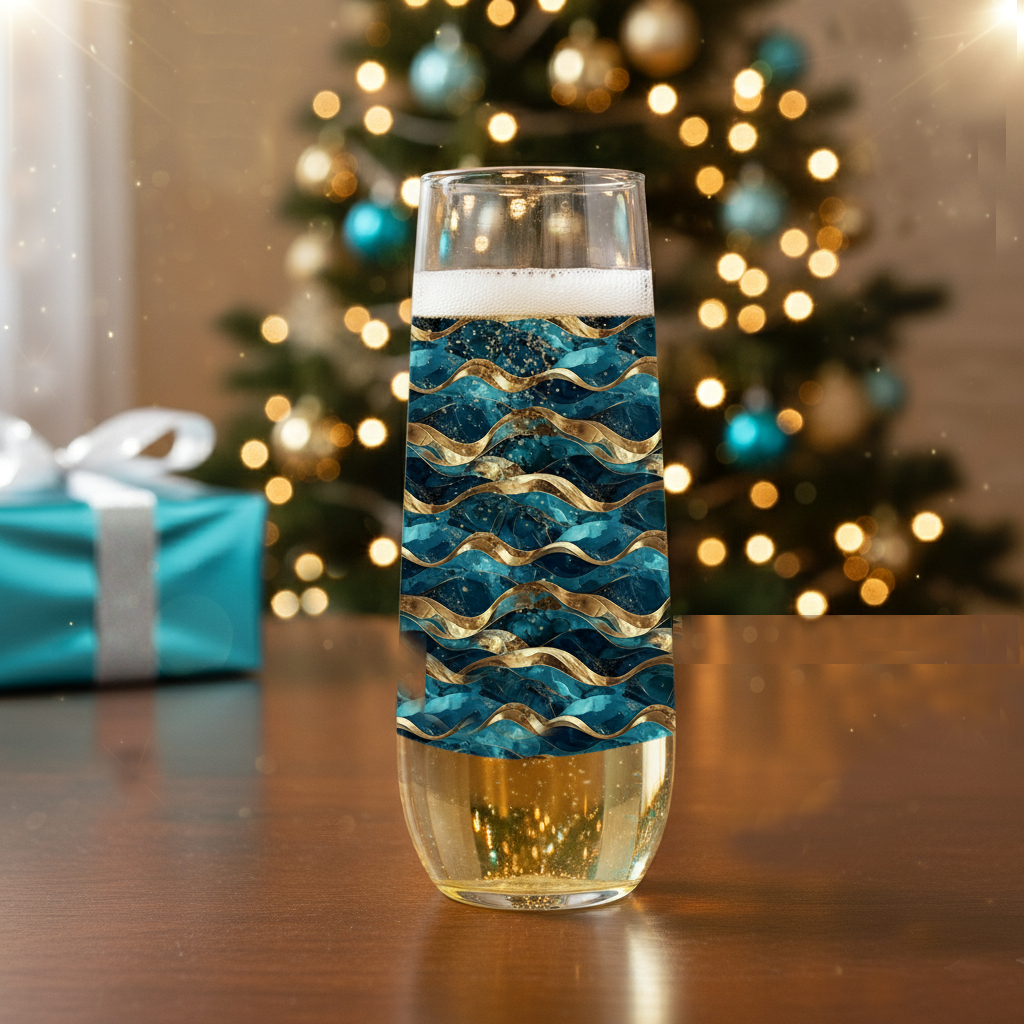 Opulent Teal stemless champagne flute glass with teal and gold decorative pattern on a table with a present in front of a Christmas tree.
