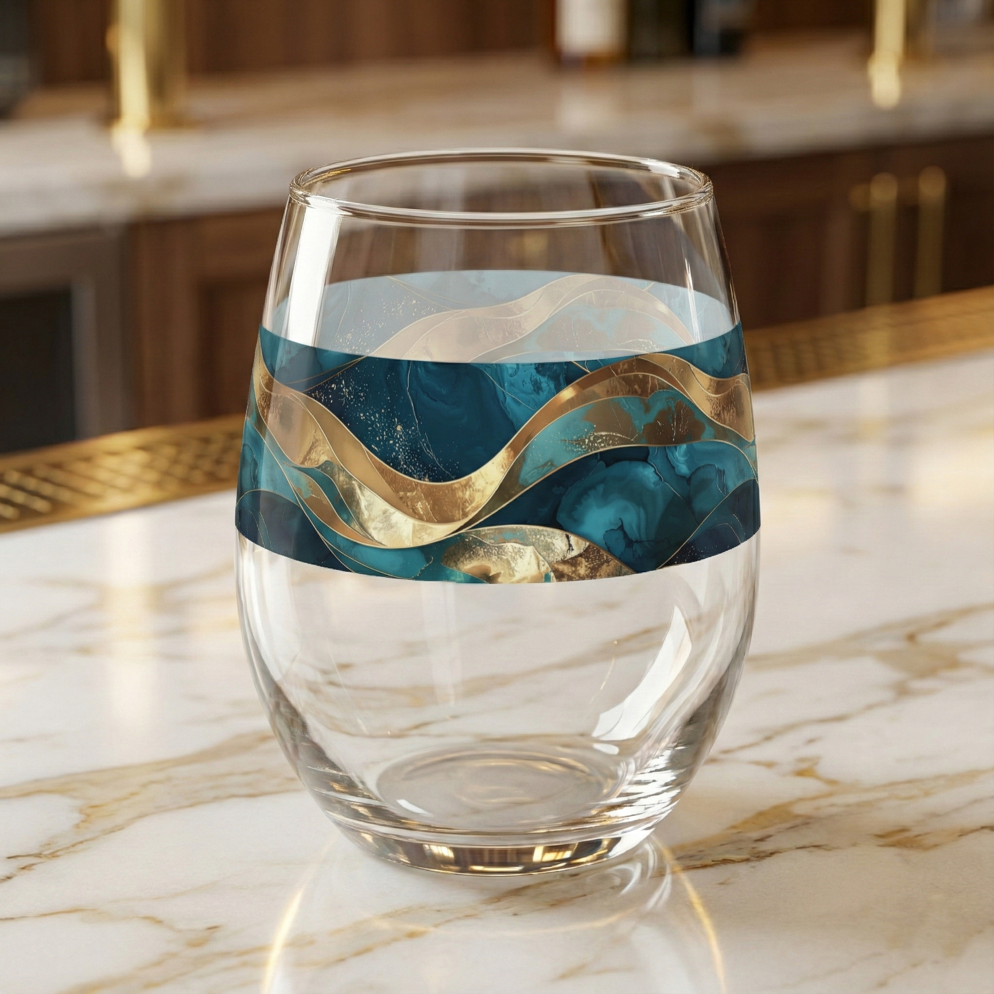 Opulent Teal stemless wine glass closeup on a marble countertop, featuring modern body and refined teal, turquoise, and gold waves.