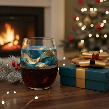 Opulent Teal stemless wine glass with decorative wavy teal and gold design, next to a wrapped gift and Christmas tree and firedplace in the backgroun.