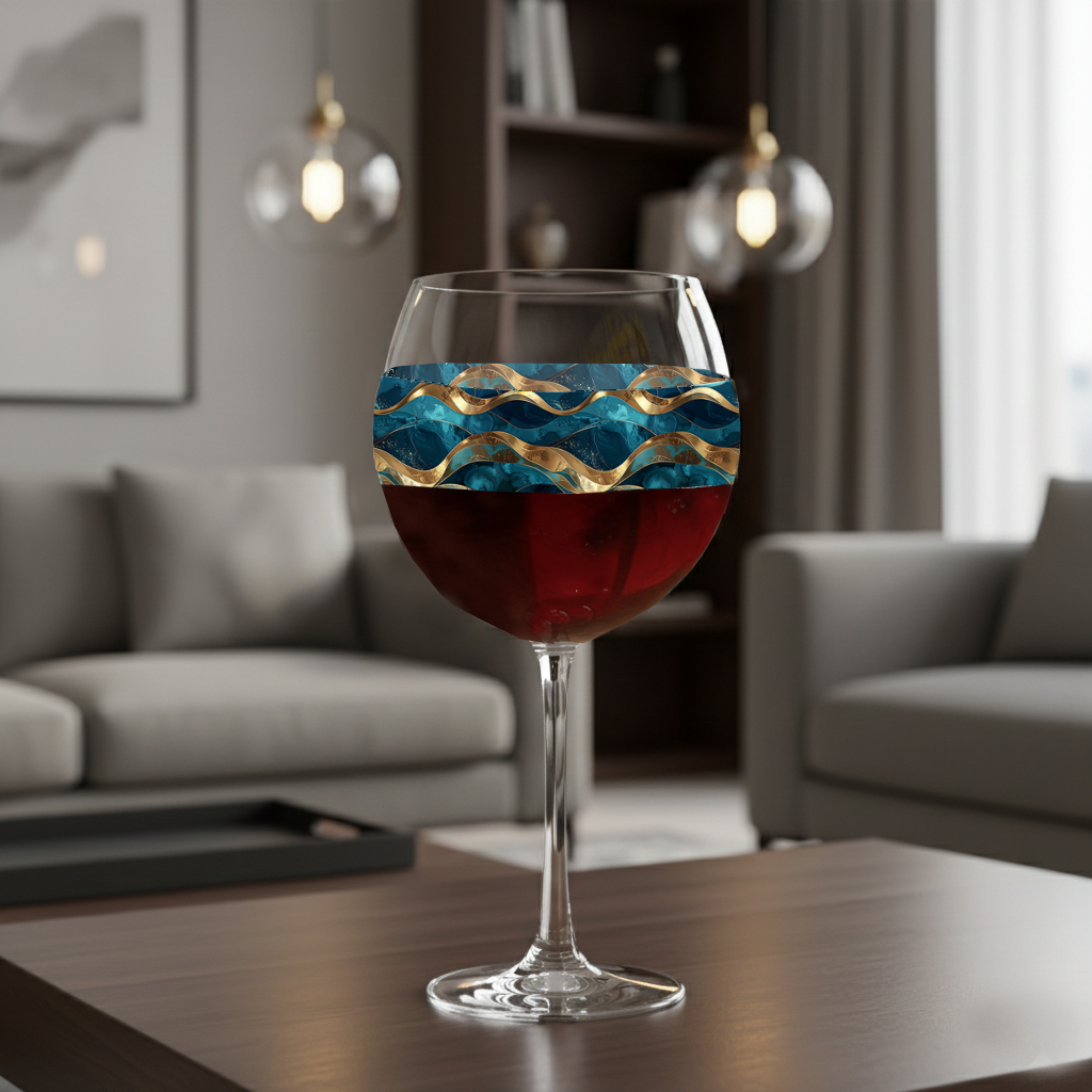 Opulent Teal balloon wine glass with teal and gold design on a coffee table in a modern living room with sofa, chair, abstract art and lighting