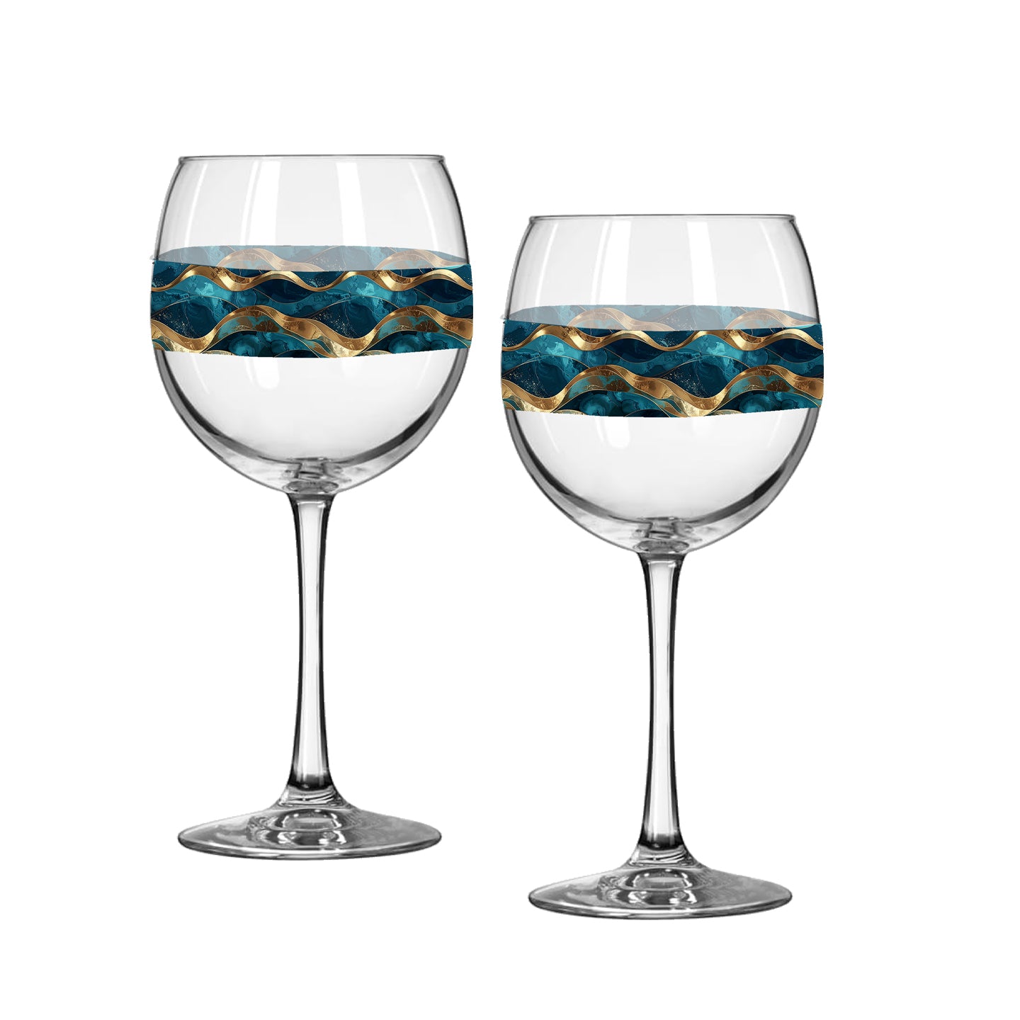 Two wine glasses with blue and gold wave patterns on a white background