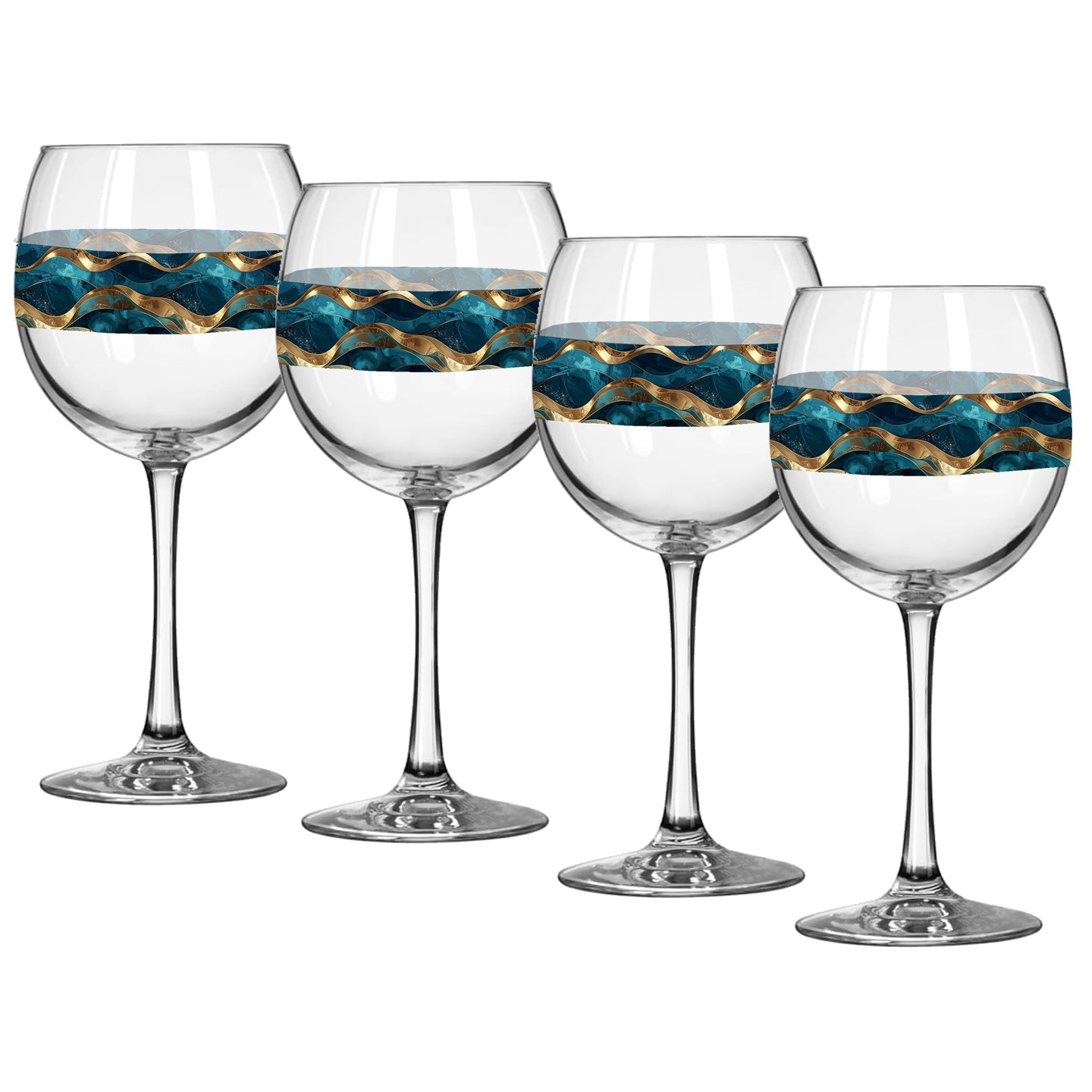 Set of four wine glasses with decorative blue and gold stripes on a white background