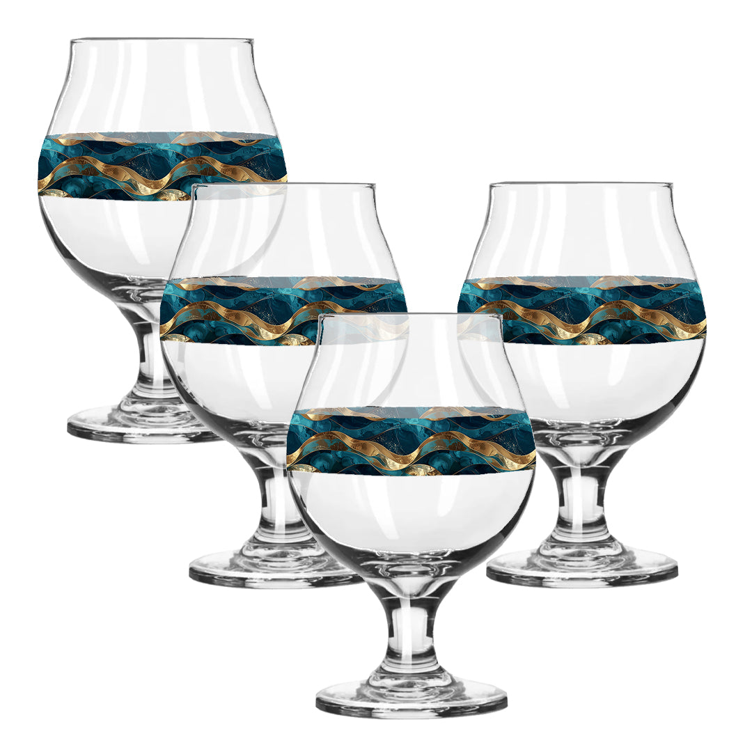 Set of four Belgian beer glasses teal and gold wave design on a white background