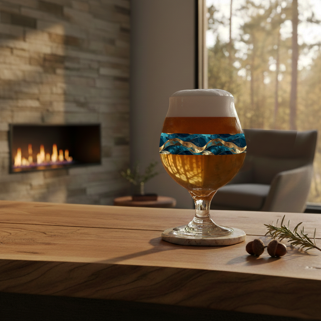 Opulent Teal Belgian glass with beer and a teal and gold wave design on a coffee table with book and coaster, and a sofa blurred in background