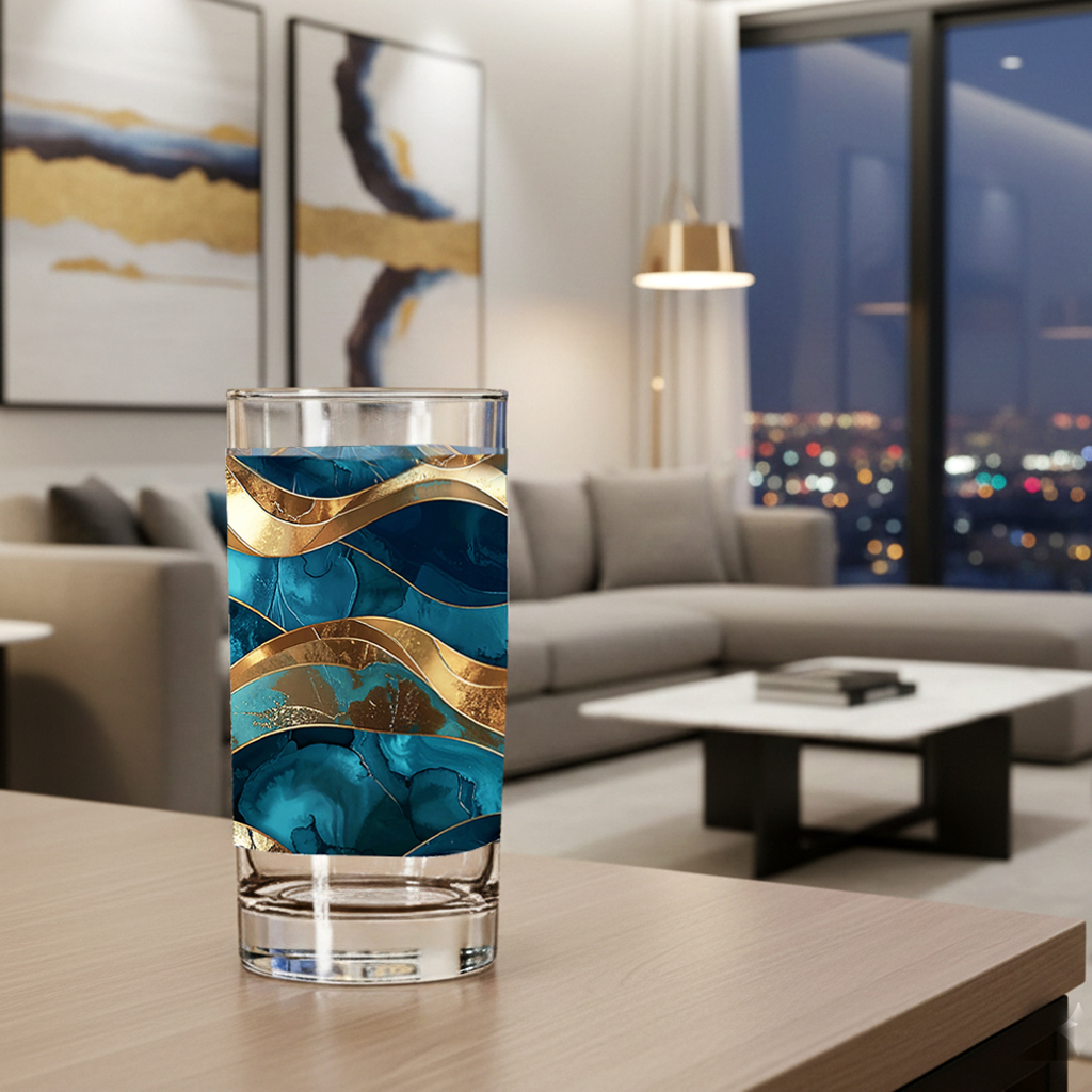 Opulent Teal highball glass with teal and gold wavy design on a table in a modern living room with sectional, abstract art, and large window with city views