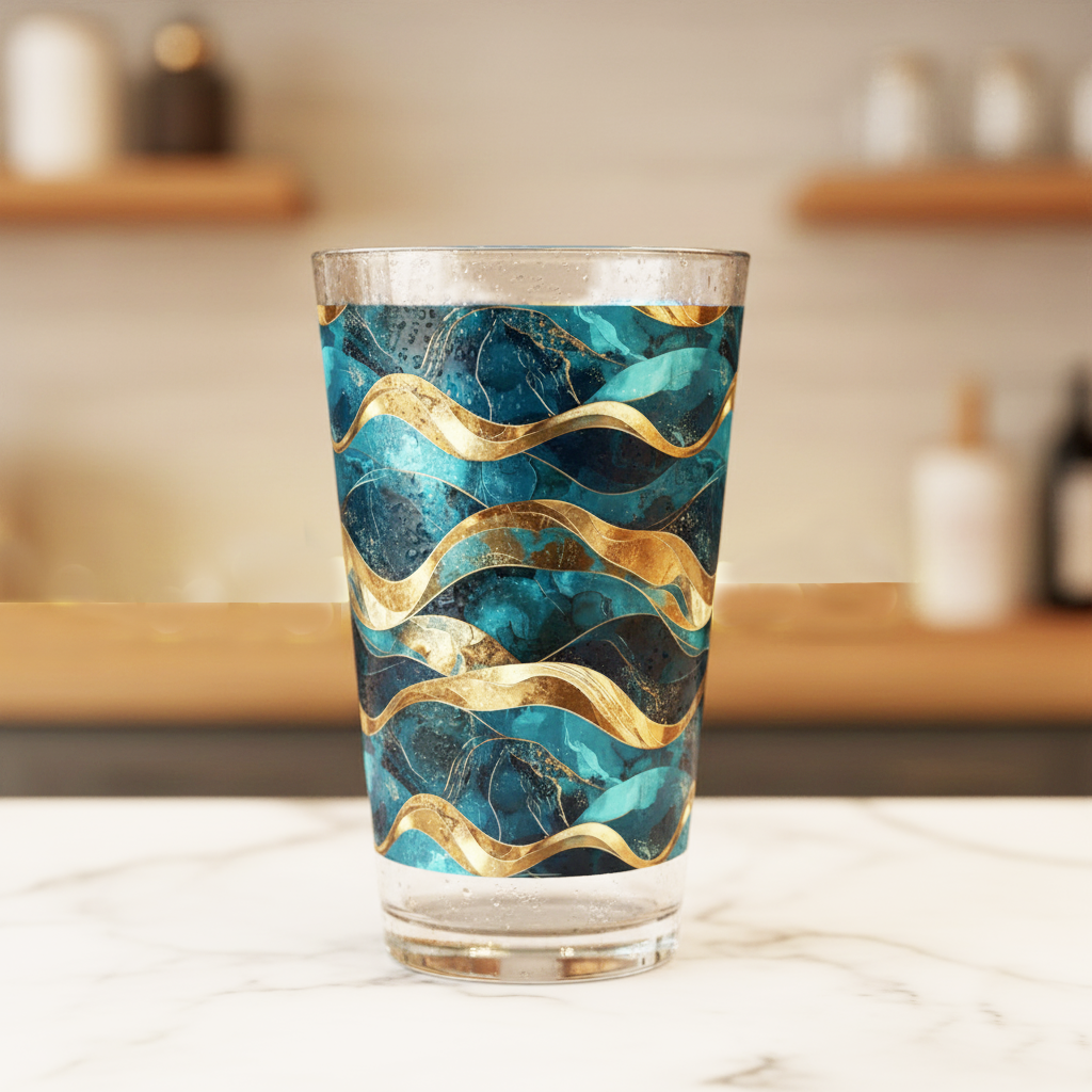 Opulent Teal pint beer glass with teal and gold wave design on a marble surface with blurred background.