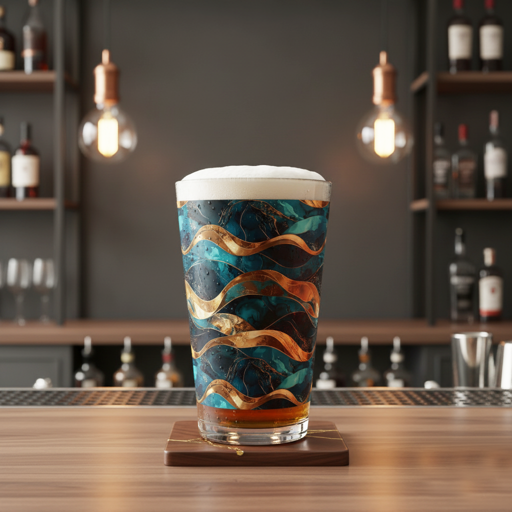 Opulent Teal pint glass filled with beer in at teal and gold wavy design on a bar counter with bottles and lights in the background