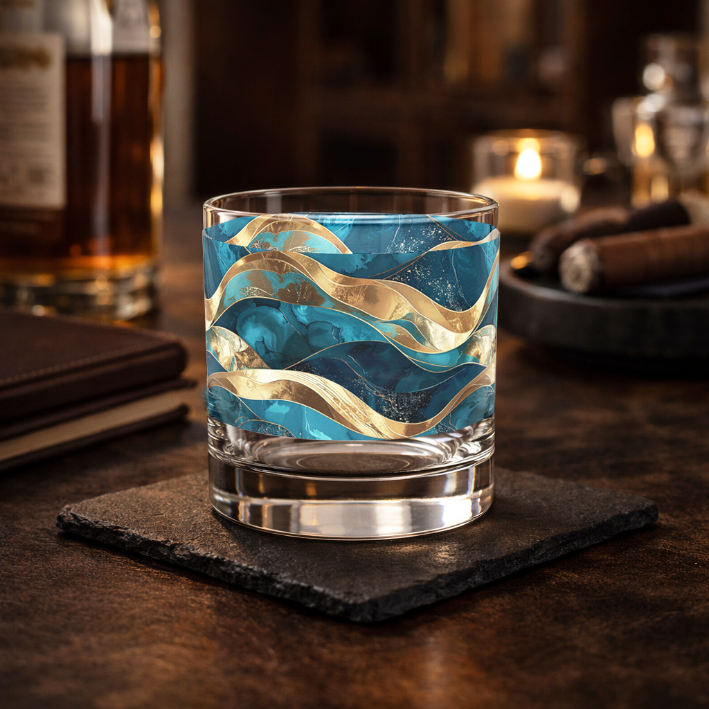 Opulent Teal rocks glass with teal and gold wave design on a coaster with bottle of liquor, candle, and cigar blurred in background