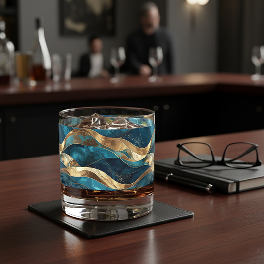 Opulent Teal rocks glass filled with whiskey on the rocks and a teal and gold wavy pattern next to a wrapped gift box in front of a fireplace.on a wood surface with book, glasses and liquor bottles in the background