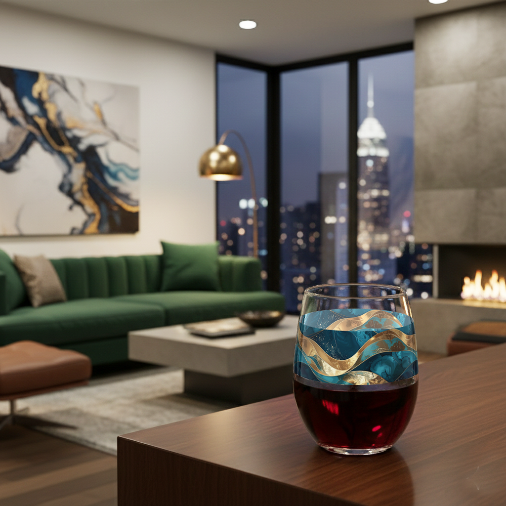 Opulent Teal stemless wine glass with wavy teal and gold design in a modern living room with sectional sofa, abstract art, fireplace and large window of ciry views