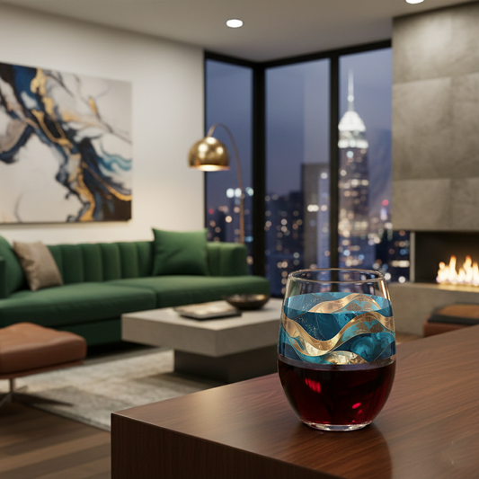 Opulent Teal stemless wine glass with wavy teal and gold design in a modern living room with sectional sofa, abstract art, fireplace and large window of ciry views