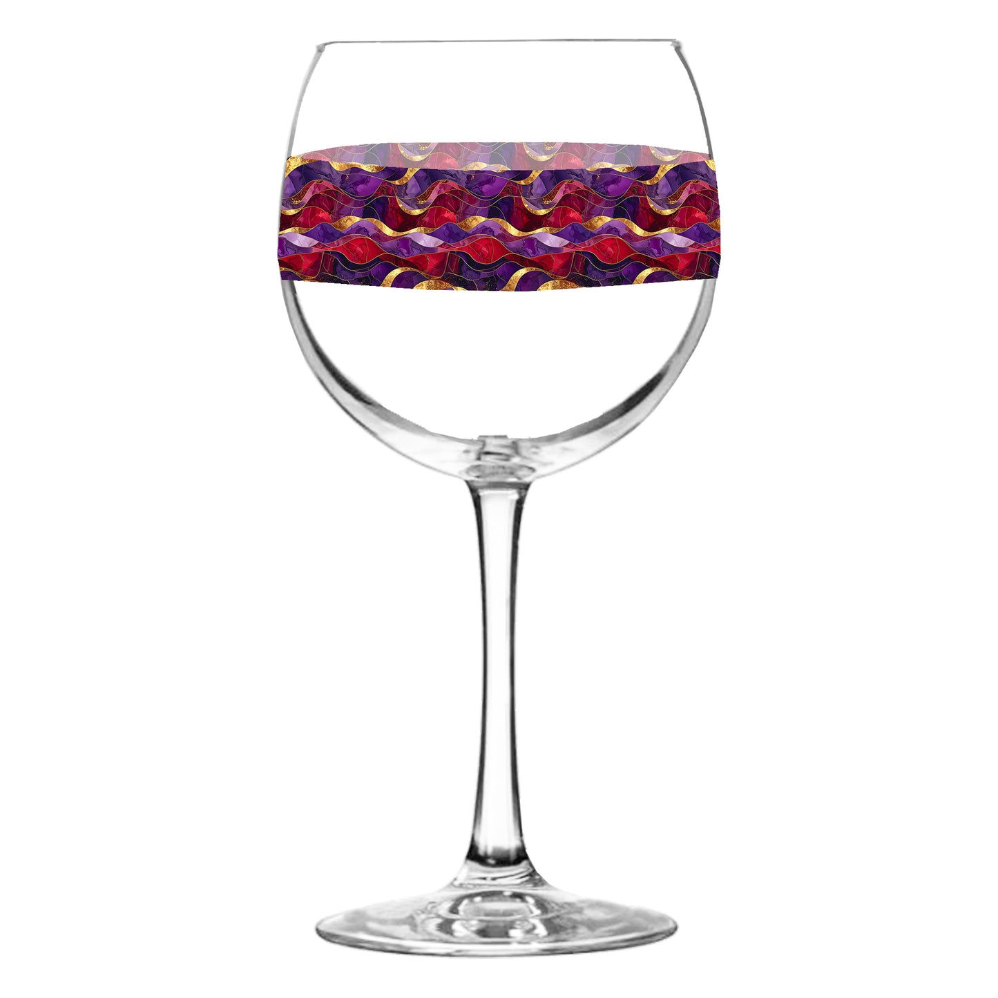 Balloon wine glass with a purple and gold colorful wavy design on a white background