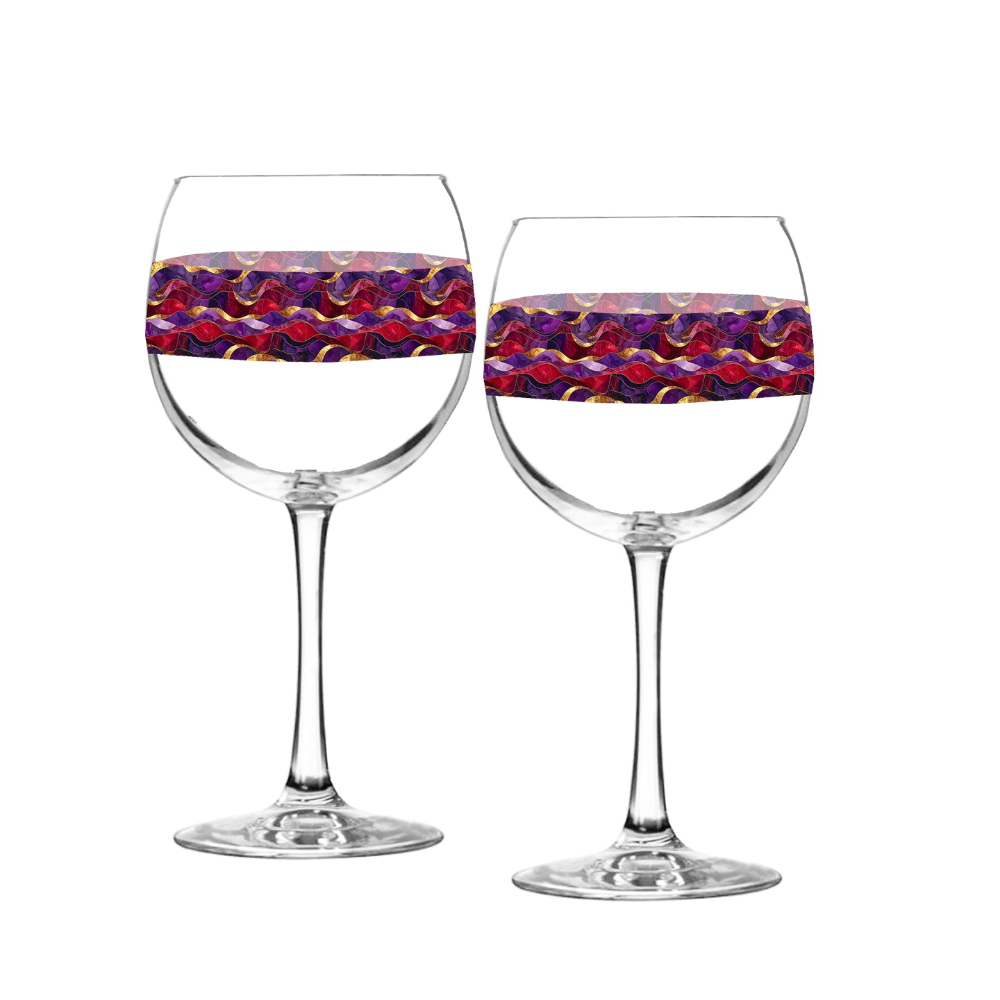 Two balloon wine glasses with purple and gold colorful wavy design on a white background