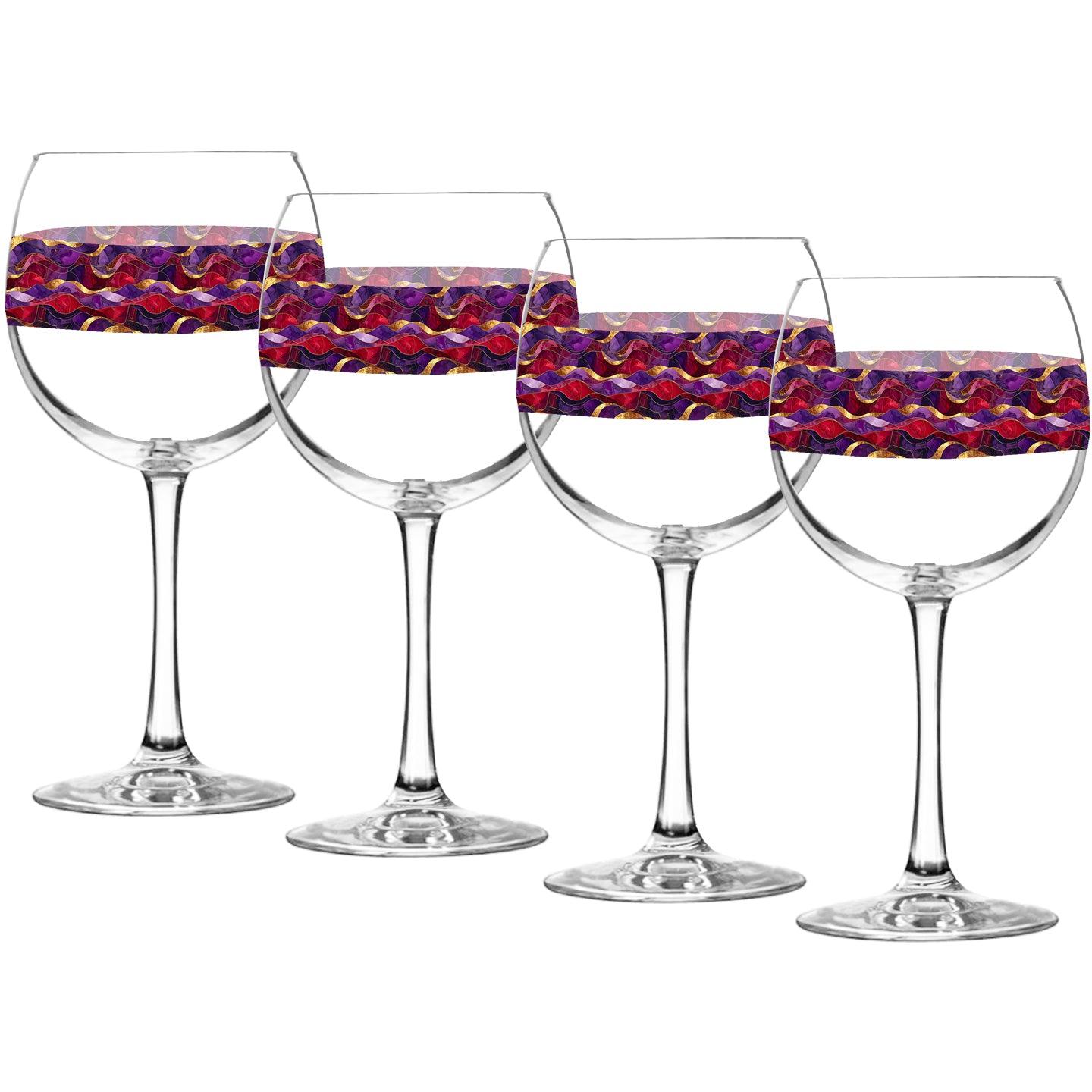 Set of four wine glasses with purple and gold colorful wavy design on a white background