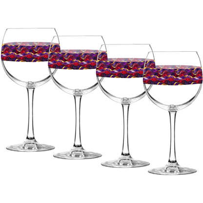 Set of four wine glasses with purple and gold colorful wavy design on a white background