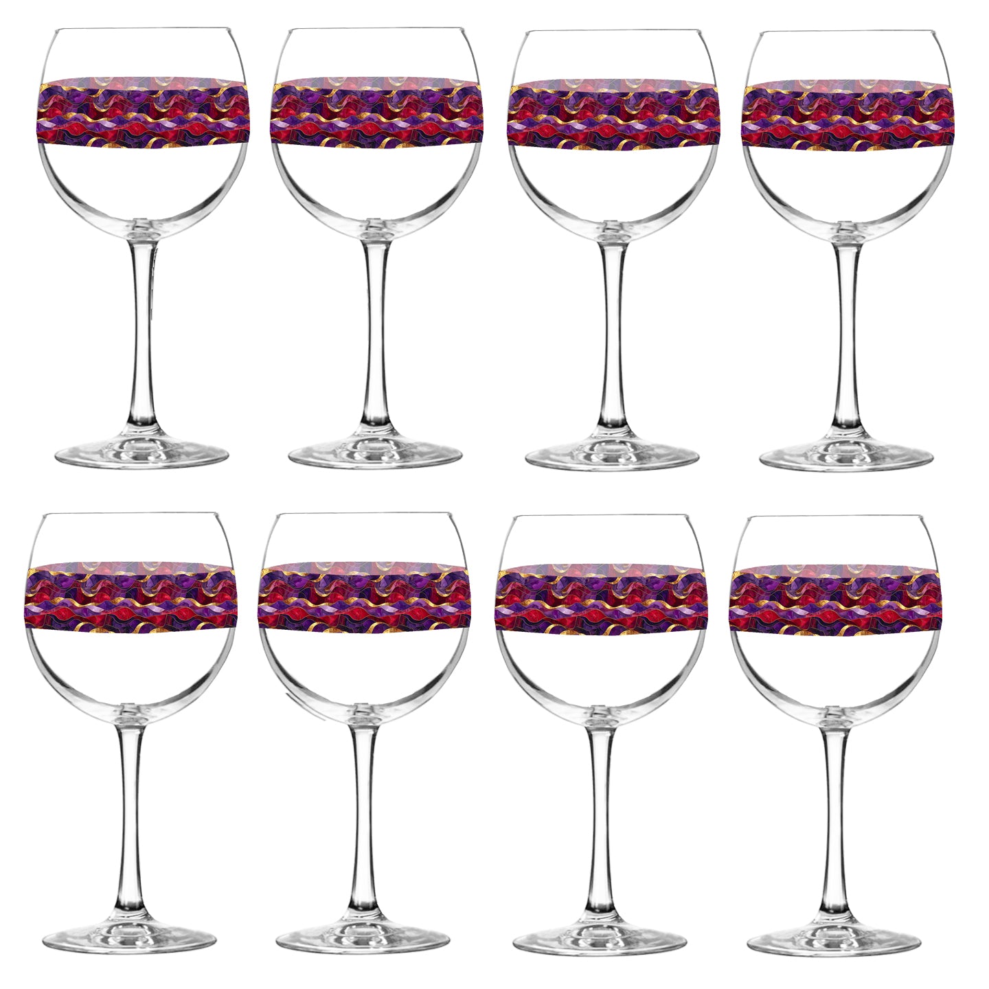 Set of eight balloon wine glasses with purple and gold colorful wavy design on a white background