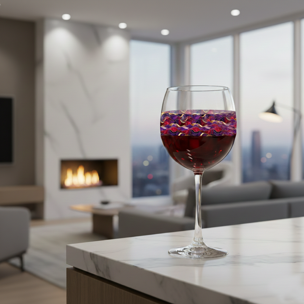 Fluid Marble balloon glass of red wine with purple and gold pattern on a modern marble surface with a fireplace, sofa, and city view in the background