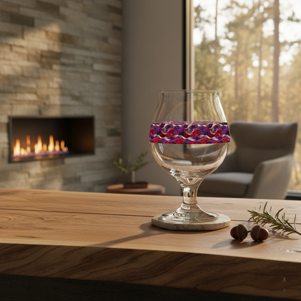 Fluid Marble Belgian glass of dark beer with a purple and gold pattern on a wood surface with chair, fieplace,
and large window in the background