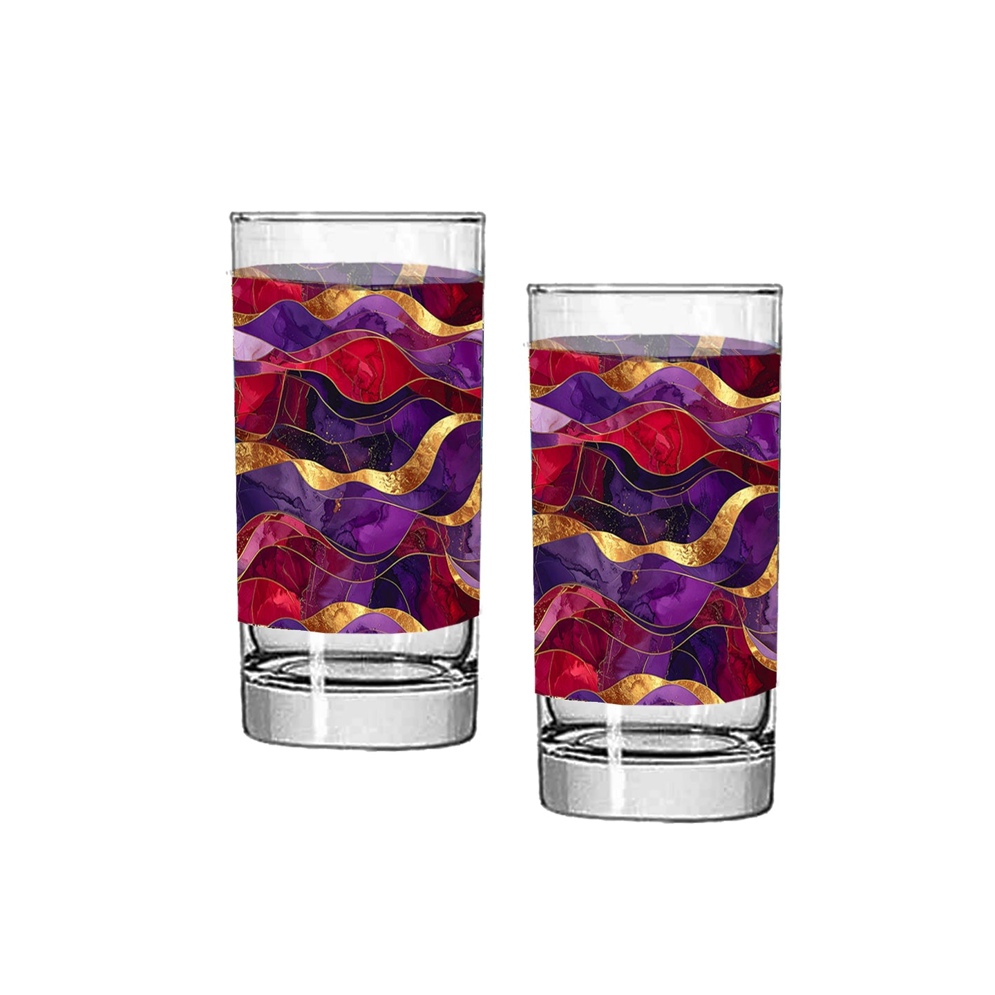 Two highball glass eswith colorful purple and gold wave pattern on a white background  