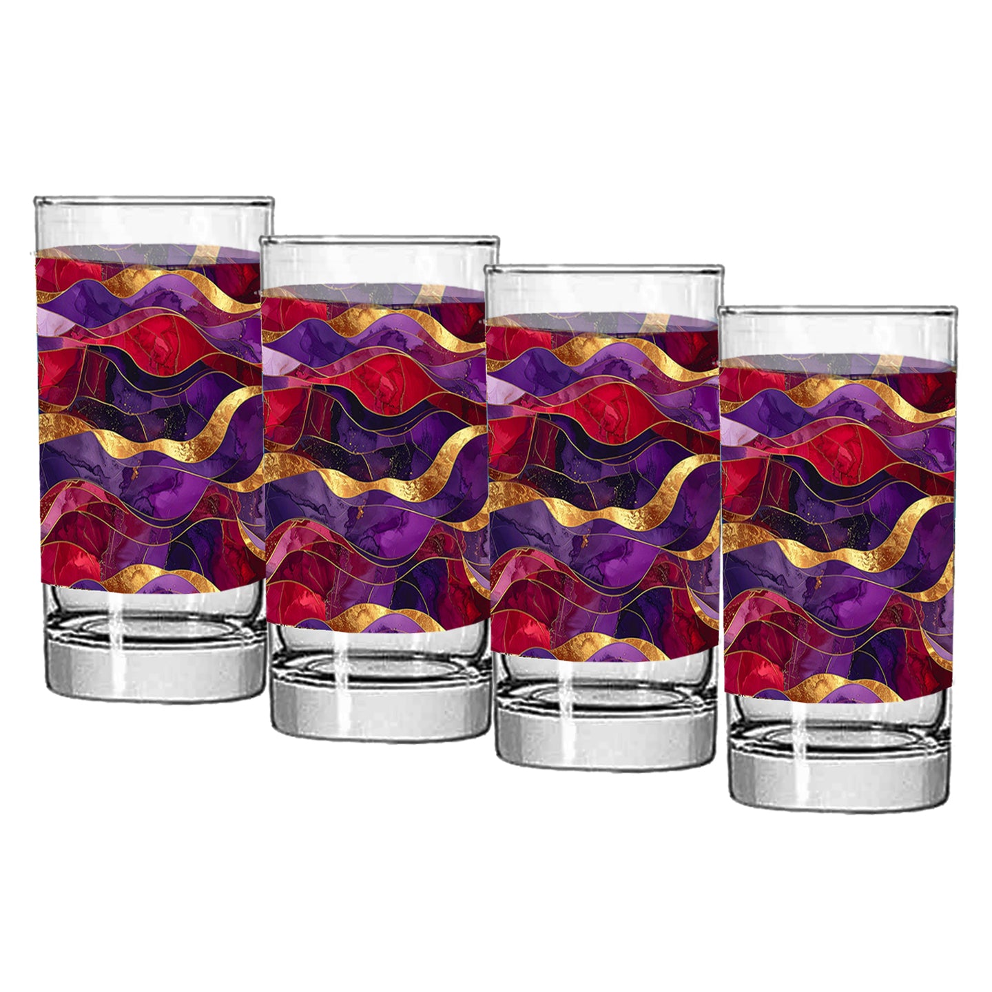 Set of four highball glasses with purple and gold colorful wavy pattern on a white background