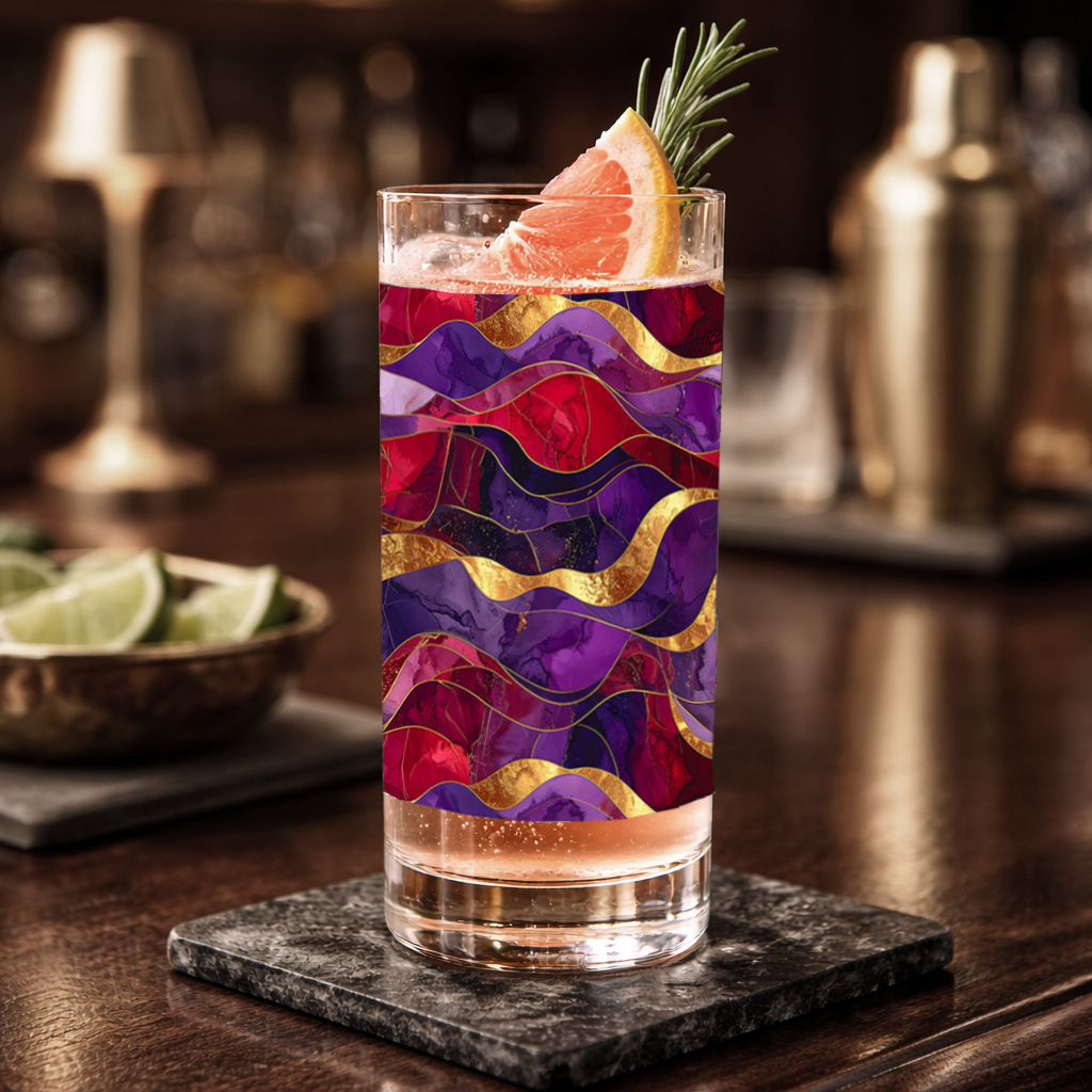 Fluid Marble highball glass with purple and gold design filled with a cocktail on ice and garnish, on a wooden table with a blurred background.