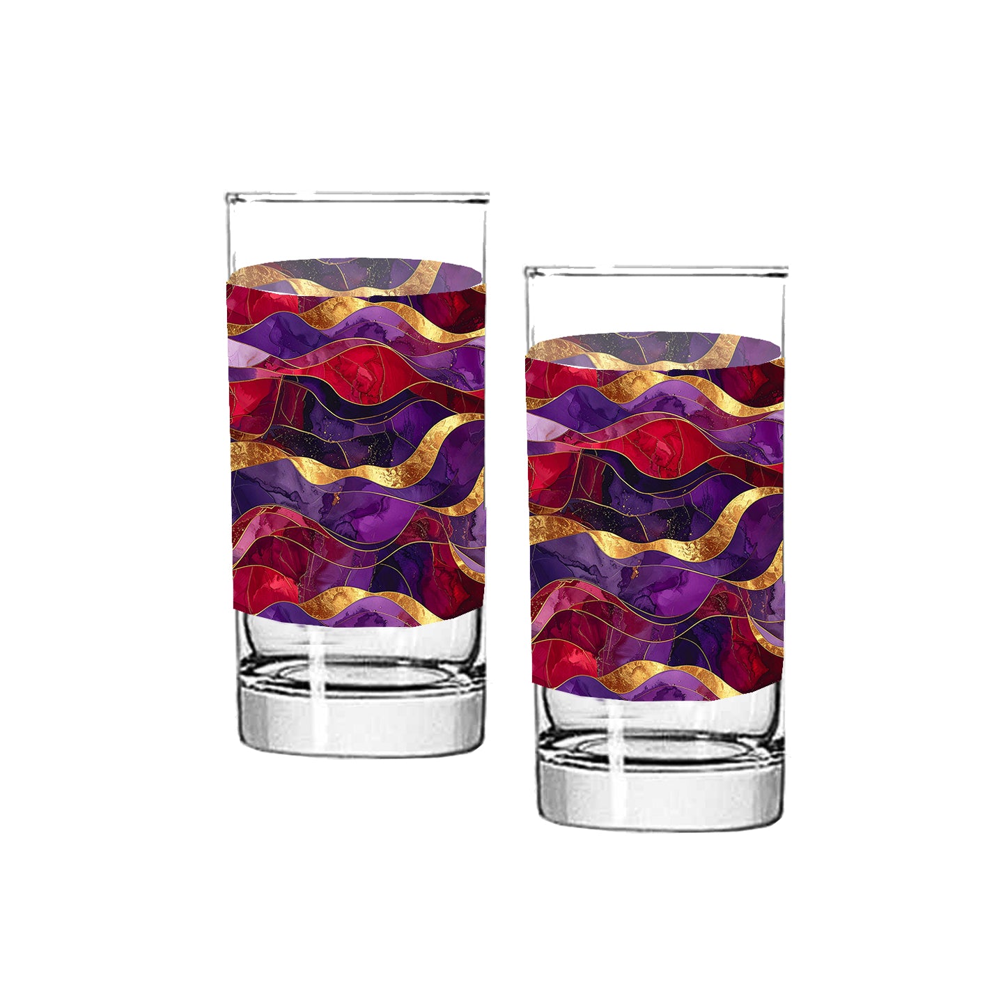 Two glass tumblers with colorful purple and gold wave pattern on a white background  