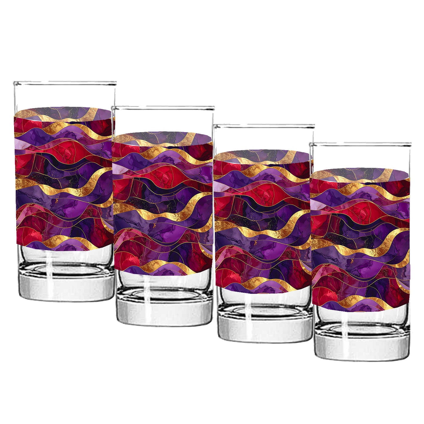 Set of four glass tumblers withpurple and gold colorful wavy pattern on a white background