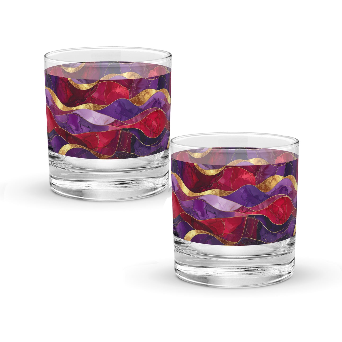 Two rock glasses with purple and gold colorful wavy pattern on a white background