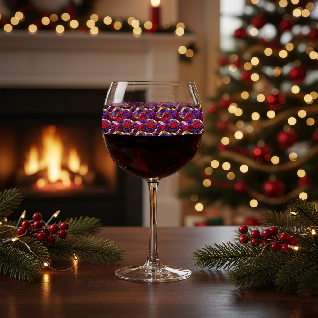 Fluid Marble balloon glass of red wine with purple and gold wavy design on a table in front of a Christmas tree and fireplace.