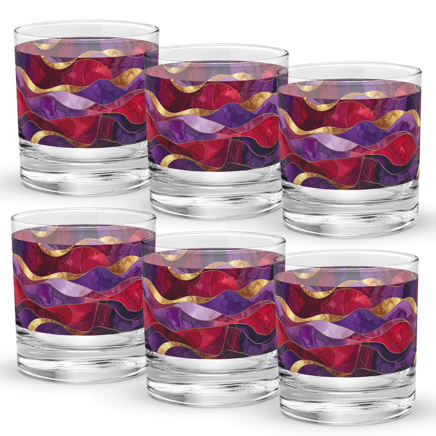 Set of six glass tumblers with purple and gold colorful wavy pattern on a white background