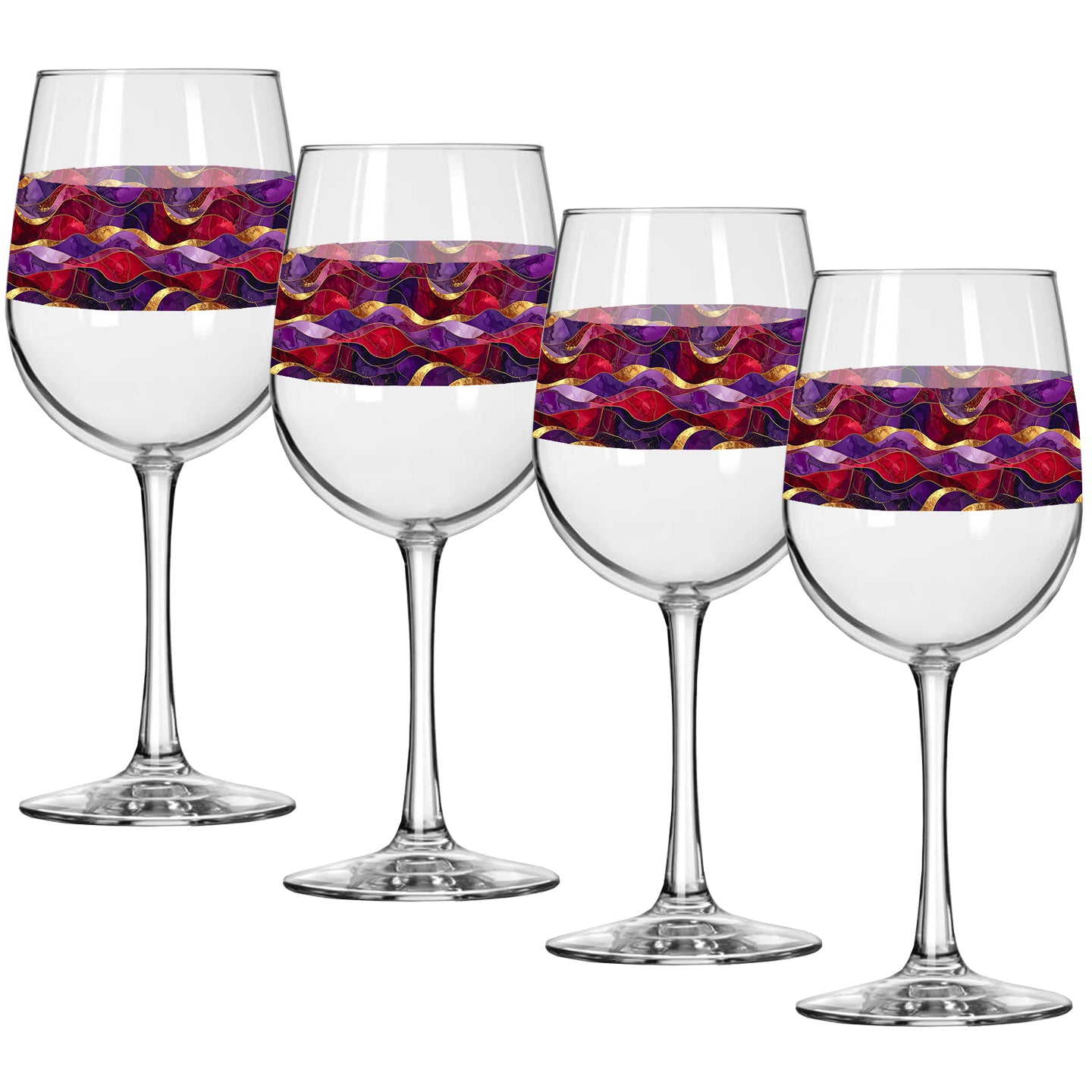 Four wine glasses with purple and gold colorful wavy design on a white background