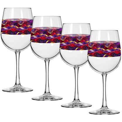 Four wine glasses with purple and gold colorful wavy design on a white background