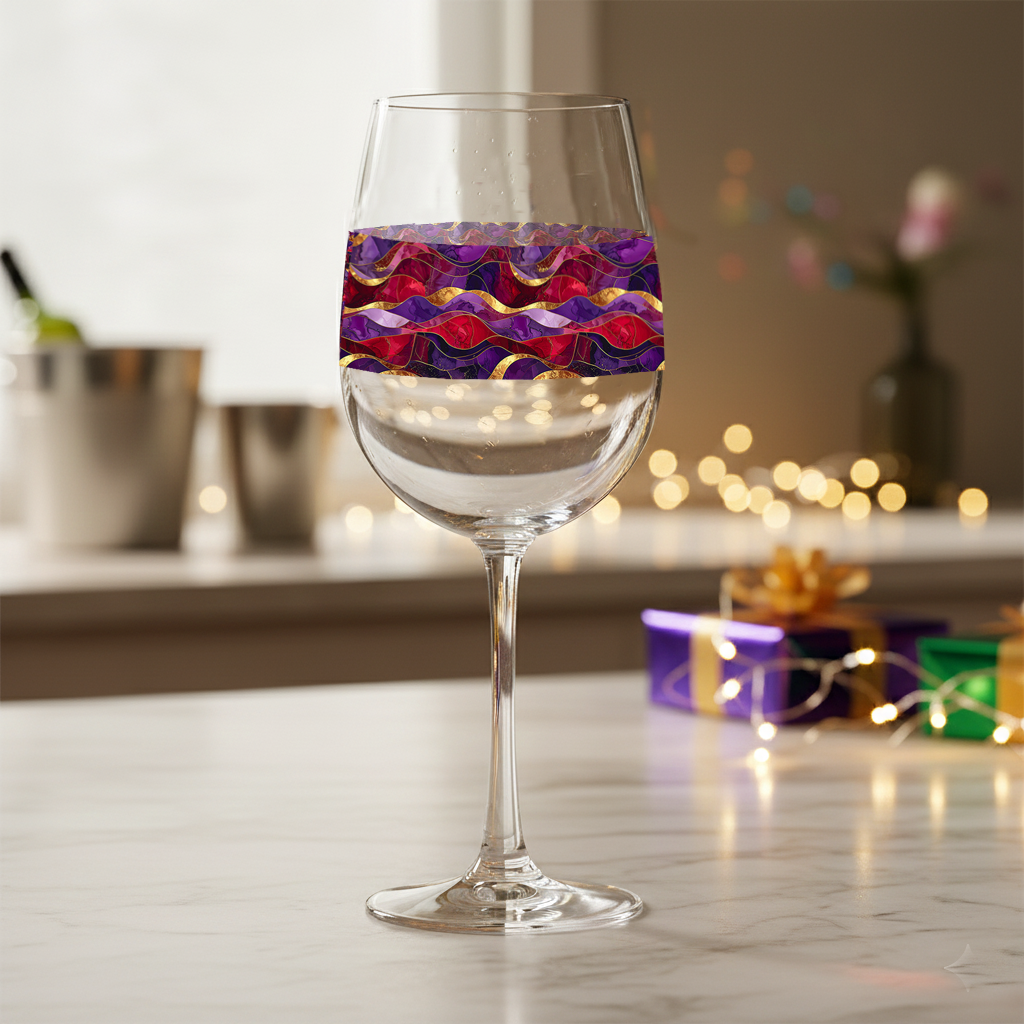 Fluid Marble tall wine glass with purple and gold design on a table with blurred presents, wine bucket, and holiday lights in the background.