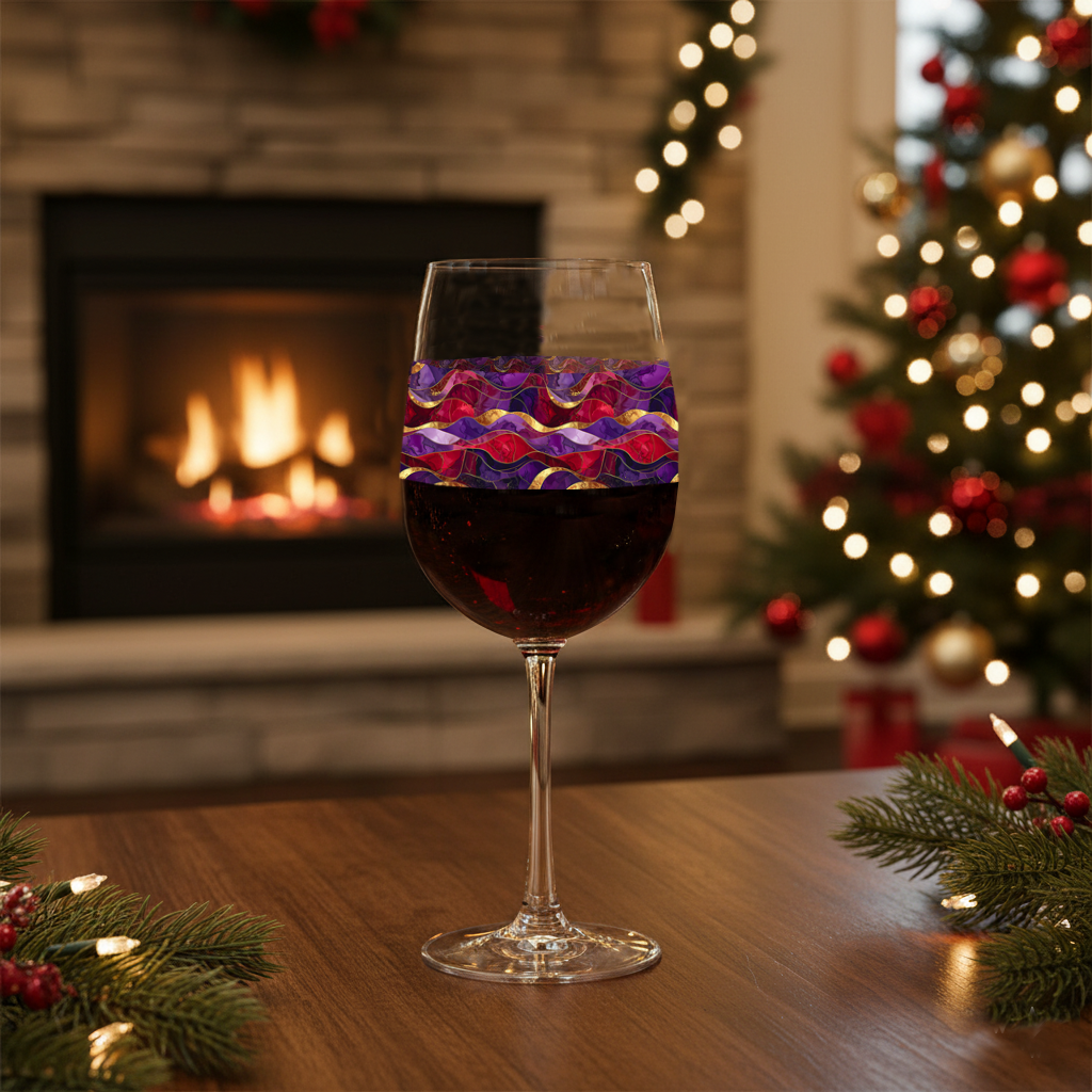 Fluid Marble tall wine glass of red wine with purple and gold wavy design on a wooden table in front of a fireplace and Christmas tree.